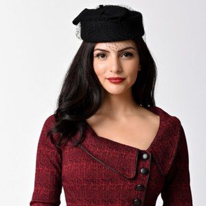 Unique Vintage Black Wool Netted 1950s Pillbox Hat